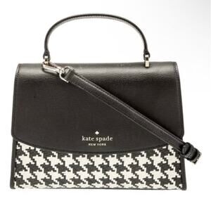 NEW Kate Spade Darcy Woven Houndstooth Top Handle Satchel Leather Black White